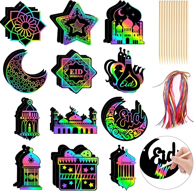 JULMELON 36 PCS Ramadan Crafts for Kids, Rainbow Scratch Paper Art for Kids Ramadan Gifts Eid Mubarak Magic Color Scratch Off Cards for School Classroom Activities DIY Drawing Project Party Favors