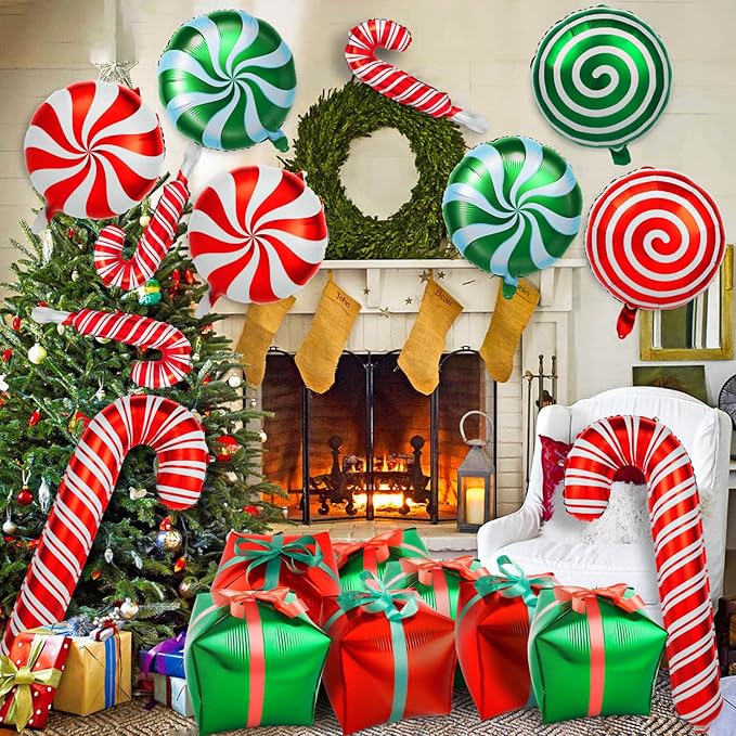 32Pcs Christmas Balloons, Christmas Candy Cane Foil Balloons with Ribbons, Red Green Mylar Balloon for Party Decorations