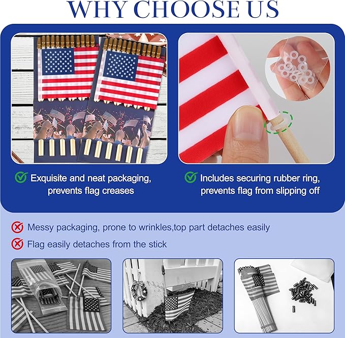 HOOSUN 50 Pcs Small American Flags On Stick,4th of July Decorations Small USA Flag On Stick,Mini 4''x6'' American Flags for Outside,Fourth of July Flag for Yard Lawn,Patriotic Memorial Day Decorations
