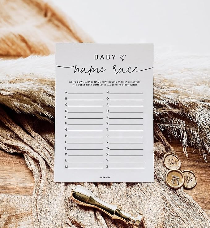 Name Race Baby Shower Game, Boy or Girl, Alphabet Baby Name Race, 50 Pack, Minimalist