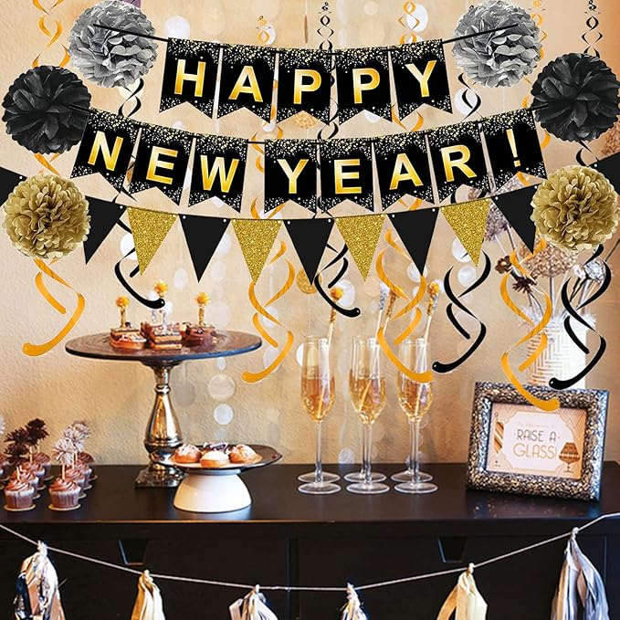 Happy New Year Set Black Banner with Gold Black Paper Flag Bunting Swirl Streamers & Pom Poms for Happy New Year Party Decorations