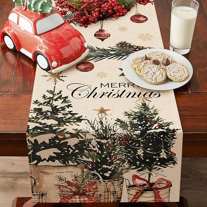 Merry Christmas Tree Dining Table Runner, Xmas Balls Pine Needle Branches Burlap Kitchen Decoration, Winter Holiday Indoor Outdoor Home Decor Party Supply 13 x 72 Inches