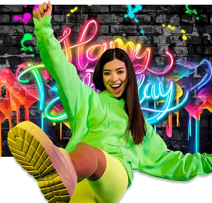 Imirell Neon Happy Birthday Backdrop 5Wx3H Feet Glow in The Dark Graffiti Brick Wall Funny Colorful Painting Polyester Fabric Cool Boys Photography Backgrounds Photo Shoot Decor Props Decoration