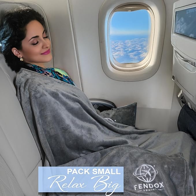 2-in-1 Travel Blanket and Pillow – Lightweight, Compact, Ultra Soft, Machine Washable – Handle, Luggage Sleeve, Backpack Clip – for Travel Airplane, Car, Office (Gray)