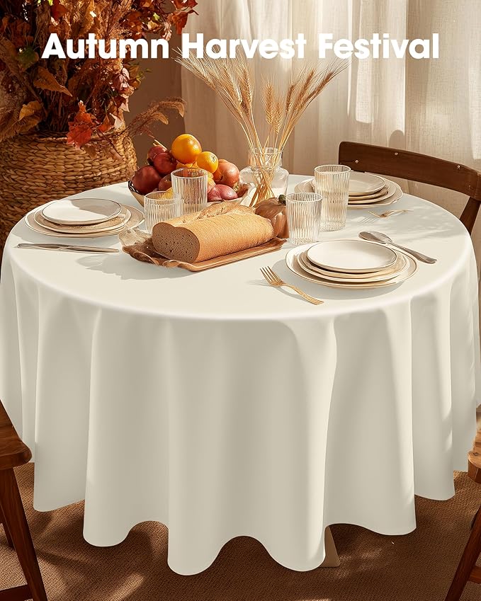 Pureegg Plastic Table Cloth Disposable 8 Pack, 84'' Round Table Cloths, Party, Wedding, Thanksgiving Decorations, Fall Tablecloths, Round, Beige Plastic Cover, Leakproof & Sturdy, Cream, Ivory