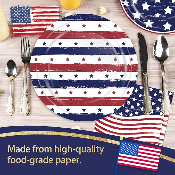 OuMuaMua 150 Pcs American Flag Patriotic Party Plates and Napkins, Blue Red Disposable Tableware Paper Set for Veterans Day Election Day 4th of July Independence Day Decorations, Serves 50