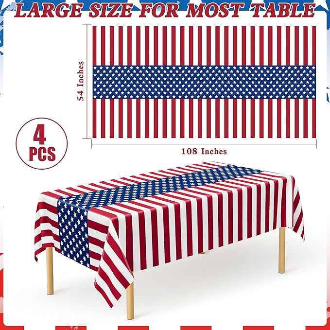 QZYL 4 Pack 4th of July Tablecloths, 54" x 108" Patriotic Plastic Table Cover, Rectangle Red White and Blue Tablecloth American Tablecover, Fourth of July Decorations Memorial Day Party Supplies