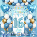 16th Birthday Decorations Blue White Gold,16th Birthday Balloons with Happy Birthday Banner Fringe Curtain Heart Foil Balloons for Boys Girls 16 Year Old Birthday Decor