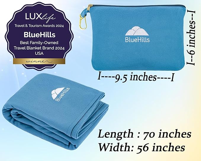 BlueHills Travel Blanket Pillow Compact Lightweight Pocket Size Airplane Traveling Essential Flight Trip Throw in Bag Portable Case Plane Accessory Teal Blue L03