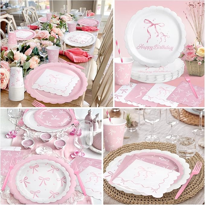 156 Pcs Pink Bow Party Plates and Napkins Cups Tableware Sets for Coquette Birthday Decorations, Pink Birthday Supplies Include Straws, Pink Party Decorations Which Can Serve 26