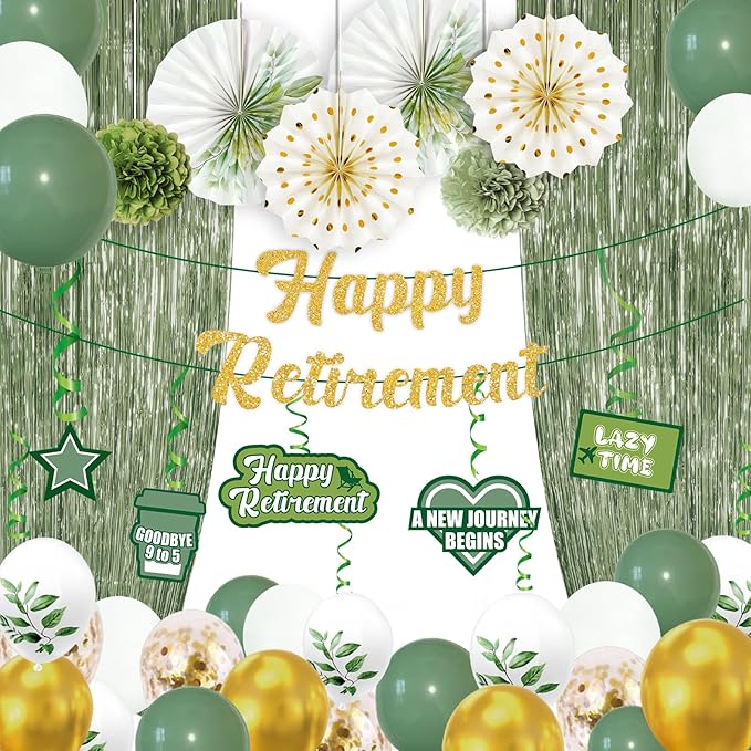 40PCS Retirement Party Decorations Sage Green Happy Retirement Banner Paper Fans Foil Curtains Hanging Swirls Tissue Pom Poms Balloons Decor