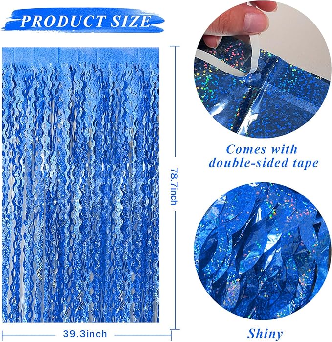 Blue Backdrop Wavy Tinsel Foil Fringe Curtains for Parties Sparkle Metallic Wavy Blue Birthday Decorations for Streamers Party Decorations Photo Booth Props Birthday Ocean Party Decor Supplies