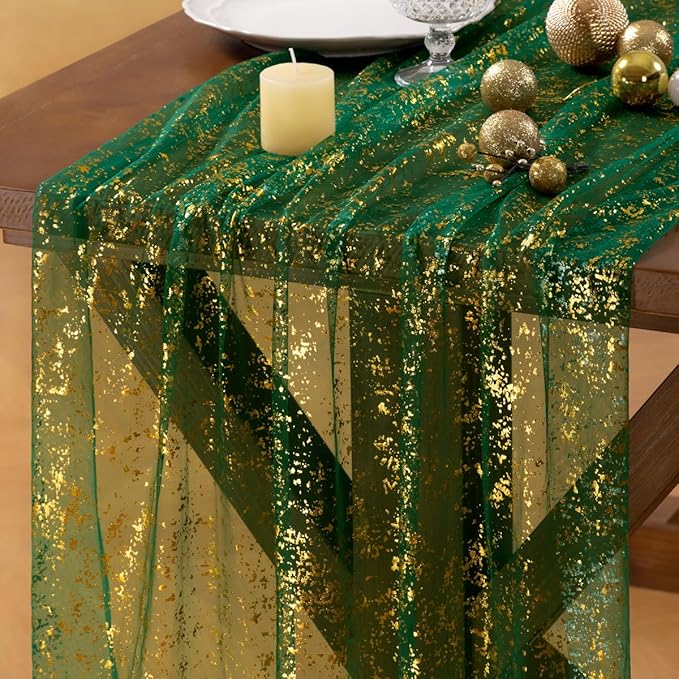 Socomi Christmas Snow Table Runner Gold Gauze Sheer Chiffon Cheesecloth Sequin 10FT Glitter Metallic Foil Dining Wedding Birthday Party Holiday Centerpiece Table Decor 3pcs Emerald Green