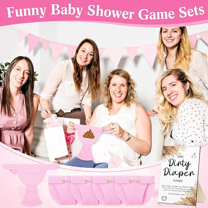 Roowest 51 Pcs Dirty Diaper Baby Shower Games Funny Wooden Sign with 50 Pcs Mini Diapers Cute Felt for Gender Reveal Party Baby Shower(Boho Pink)