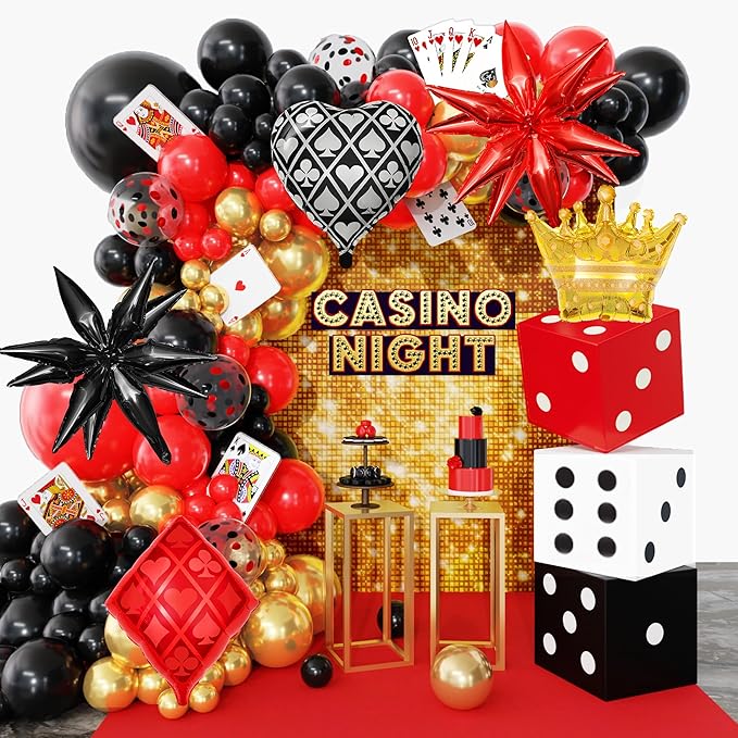 144PCS Dice Favor Boxes Casino Theme Party Decorations , Casino Balloon Arch Garland Kit Red Black Gold Dice Crown Poker Foil Balloons for Poker Las Vegas Game Night Casino Party Supplies