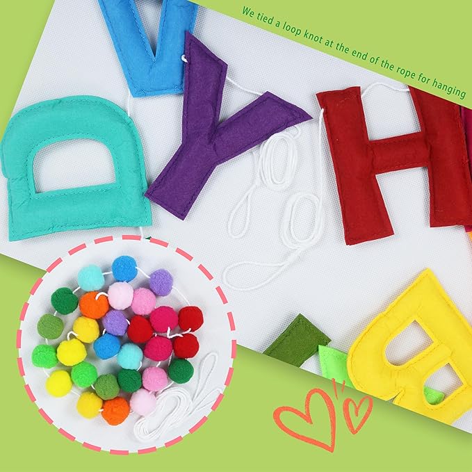 2 PCS Pre-Strung 3D Felt Happy Birthday Banner - Reusable Rainbow Happy Birthday Decorations Sign, Felt Ball Garland, Pom Pom Garland, Party Decor, Photo Prop (RAINBOW)