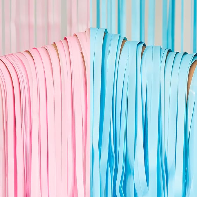 BRAVESHINE Tinsel Photo Backdrop Curtains - 2 Pack 3.2x8.2ft Pastel Pink Blue Foil Fringe Streamer Curtain for Christmas/Boy or Girl Birthdays/Mermaid/Candy/Donuts/Easter/Engagement Party Decorations