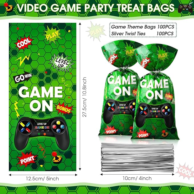 Pajean 100pcs Video Game Plastic Loot Bags Game on Favor Goody Candy Treat Bags for Themed Birthday Party(Green)