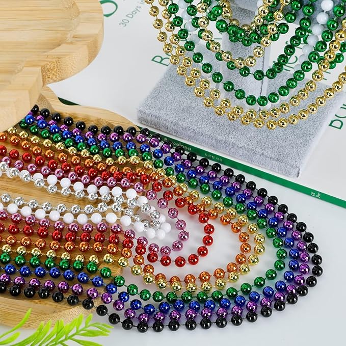 50PCS Mardi Gras Beads, Metallic 10 Kinds of Bead Necklace Party Favors, 33" Mardi Gras Necklace Stuff, Festival Parade Throw Accessories for Wedding Birthday Celebrations Decorations