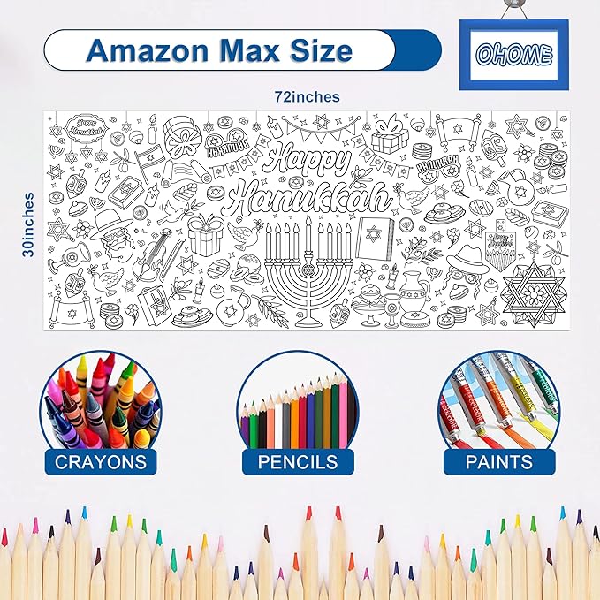 OHOME Hanukkah Giant Coloring Poster/Tablecloth-Hanukkah Decorations - 30 x 72 Inches Jumbo Coloring Banner Kids Crafts Gifts Activities Decor Party Decorations