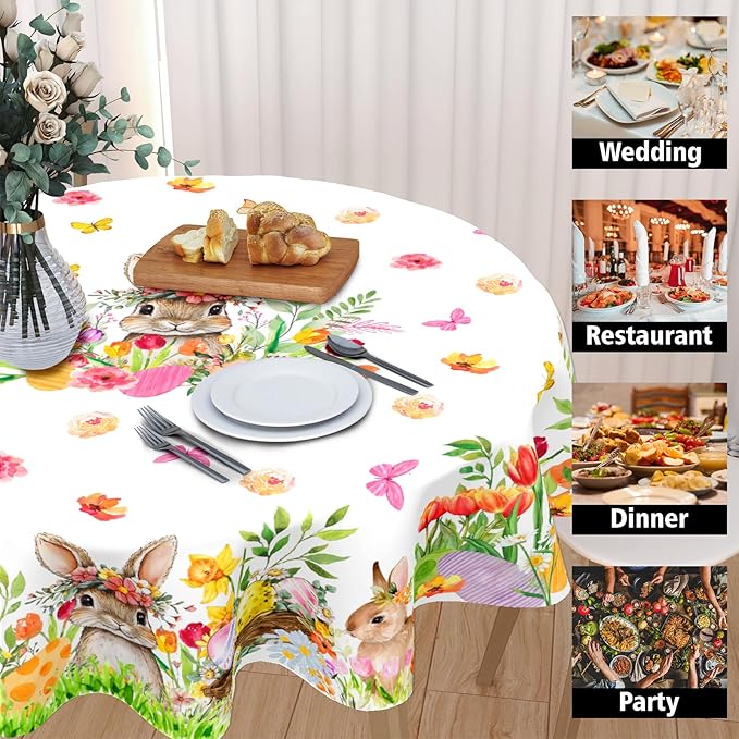 Spring Easter Tablecloth Round 60 Inch Green Bunny Easter Table Cloth Farmhouse Pink Floral Table Cover for Kitchen Dinner Room Holiday Party Indoor Outdoor Home Decor