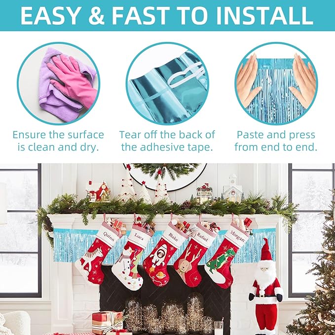 12 Pack 10 Feet Metallic Foil Fringe Garland Tinsel Streamers Banner, Light Blue Wall Hanging Tinsel Fringe Banners for Parade Floats, Wedding, Birthday, Christmas, New Year Party Decorations