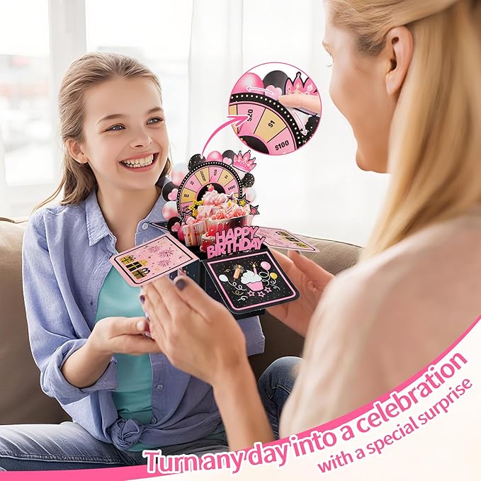 FaCraft Pop Up Birthday Card for Girl - 3D Handmade Spinning Wheel Design with Envelope & Blank Insert, Pink Interactive Happy Birthday Greeting Card for Daughter, Teens & Loved Ones