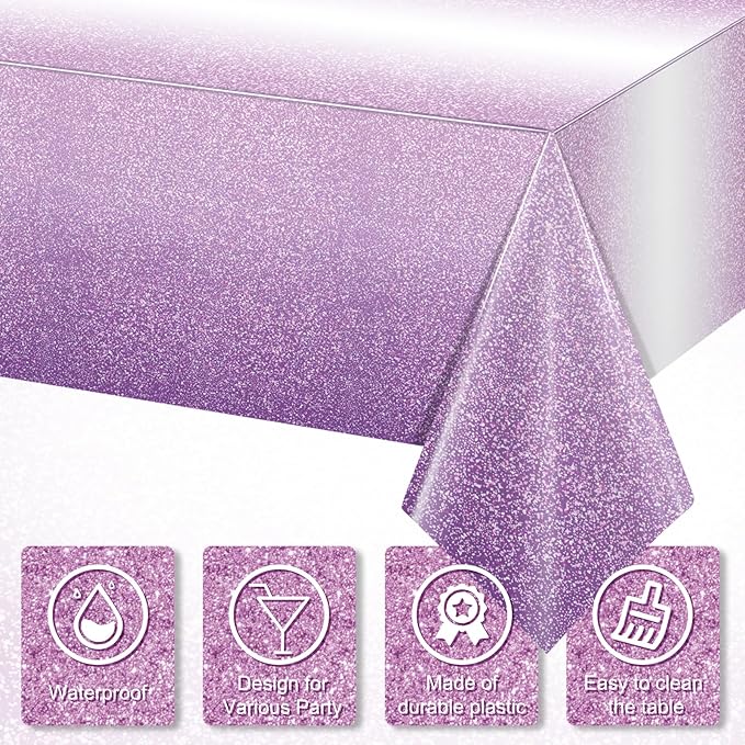 FunnyPars 3 Pack Ombre Purple Plastic Tablecloth for Parties, Gradient Pastel Disposable Rectangle Table Cover, Wedding Birthday Anniversary Decor, 54x108 Inch