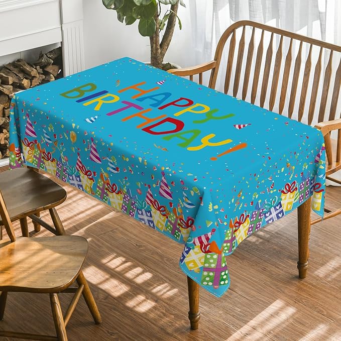 Horaldaily Birthday Tablecloth 60x60 Inch Square, Happy Birthday Ballon Blue Washable Seasonal Table Cover for Party Picnic Dinner Decor