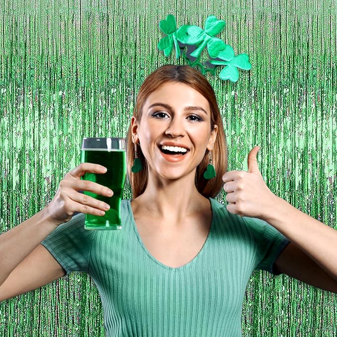3 Pack Light Green Foil Fringe Curtain Backdrop, 3.28Ft x 8.2Ft Metallic Tinsel Foil Fringe Streamer Curtains for Photo Booth, Mother's Day, Easter, Birthday, Wedding Party Decorations