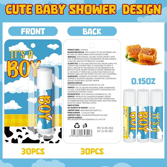 30 Pack It's a Boy Story Baby Shower Games Prizes Party Gifts Bulk Cow Lip Balms Favors for Winners Adults Guests Gender Reveal Favors Decorations Baby Shower Souvenirs Gift Bags Stuffers
