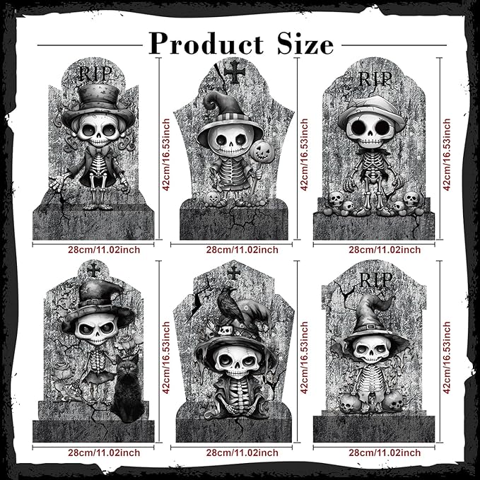 6pcs Halloween Tombstones Outdoor Yard Signs: Grave Skeletons, Black Cat, Crow, 11”x16.53 Halloween Home Party Decorations, Waterproof Safety Boards