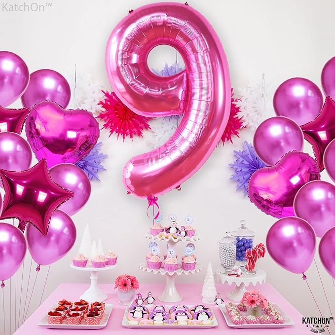 KatchOn, Giant Hot Pink Number 9 Balloon - 40 Inch | Foil 9 Birthday Balloon for 9th Birthday Decorations | 9th Anniversary Decoration | Hot Pink Party Decoration
