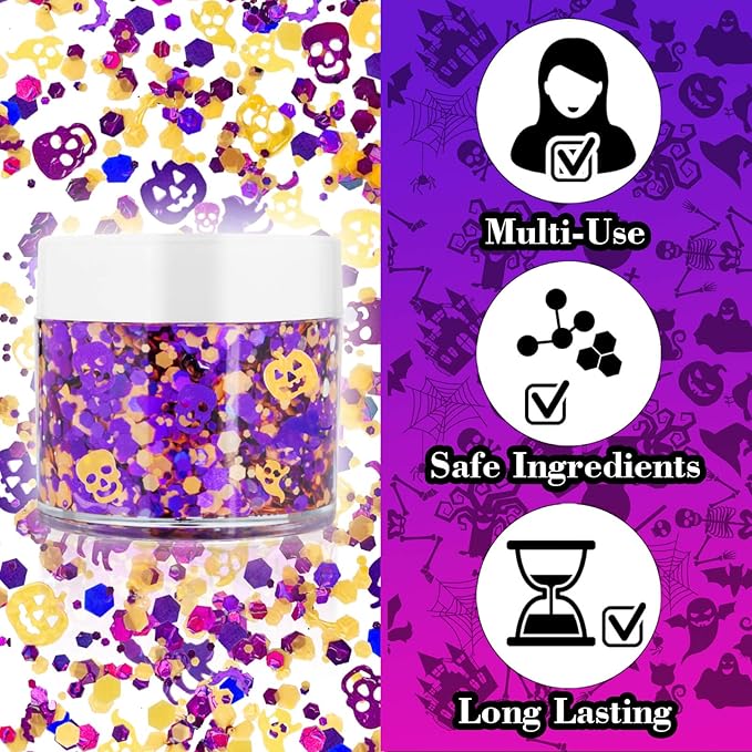 Halloween Face Glitter Gel,Orange Purple Skull Pumpkin Body Glitter Face Paint,Chunky Giltter for Face Body Hair,Kid’s Colorful Shimmering for Party Rave Music Festival Carnival Makeup