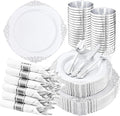 Hioasis 210pcs White and Silver Plates - White Party Plates for 30 Guest, Include 60 Heavy-duty Plates(20% Thicker Than Standard), 30 Pre Rolled silver Plastic Silverware Set, 30 Cups