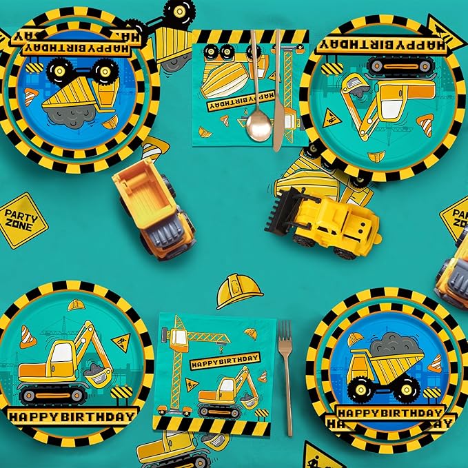 Construction Birthday Party Supplies Kit - Disposable Paper Plates, Napkins, Cups, Tablecloth, & Banner - Construction Theme Birthday Party Decorations, Serve 25