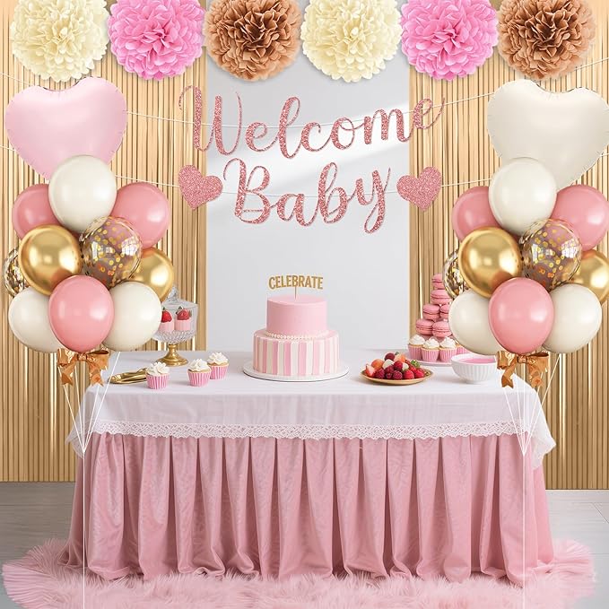 Dusty Pink Baby Shower Decorations for Girl,Welcome Baby Banner with Sand White Retro Pink Balloons Fringe Curtains Paper Pom Poms for Boho Baby Shower Gender Reveal Party Supplies