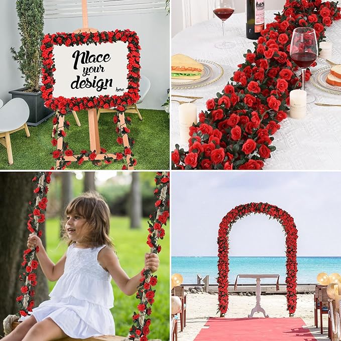 MARTINE MALL Flower Garland Vines, 5 Strands 41Ft With 33 Ft/100 LED String Lights - Rose Decoration for Bedroom, Room, Table, Wedding Decor