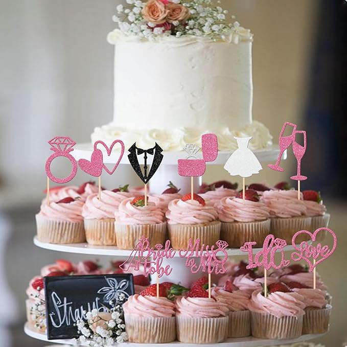 30 PCS Bride to Be Cupcake Toppers Glitter Miss to Mrs I Do Love Heart Ring Cupcake Picks Wedding Bridal Shower Cake Decorations for Wedding Engagement Bachelorette Party Supplies Pink