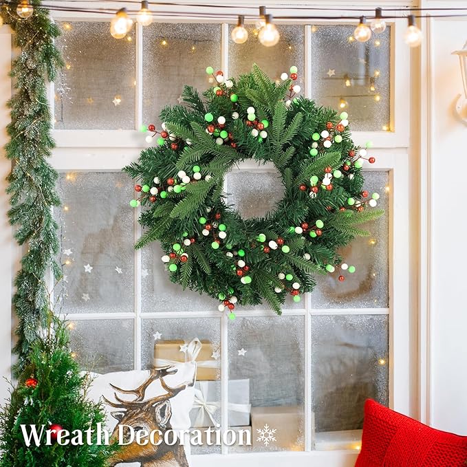 HOHOTIME 24 Pack Artificial Berry Stems Branches, Christmas Faux Red Fluorescent Green White Holly Colorful Berries Branch Ornaments for Christmas Tree Wreath DIY Craft Decorations Holiday Home Decor