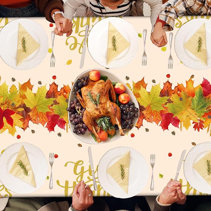QZYL 4 Pack Thanksgiving Tablecloths, 54" x 108" Fall Plastic Tablecloth, Rectangle Maple Leaves Pumpkin Disposable Table Cloths Tablecover, Thanksgiving Decorations Table Decor Fall Party Supplies