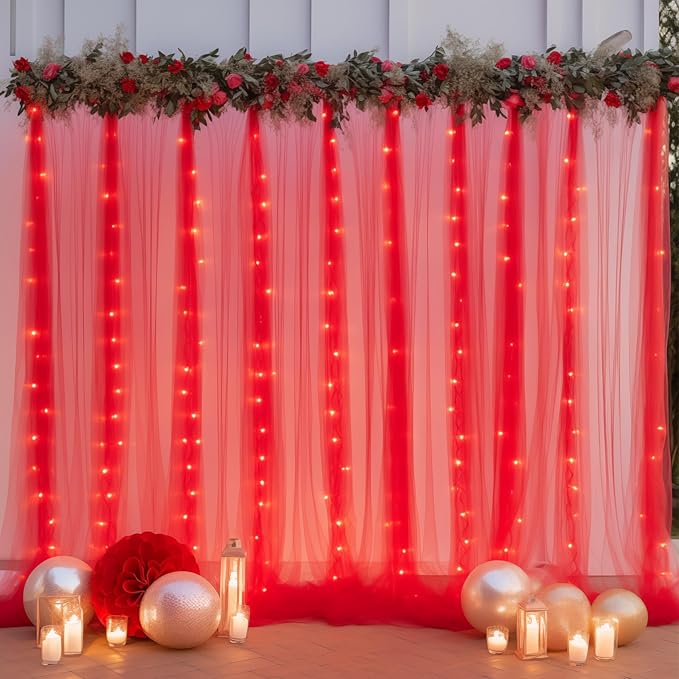 10ft x 8ft Red Backdrop Curtain with Lights String for Parties, Sheer Tulle Wedding Photo Backdrops Drapes for Baby Shower Birthday Party Decorations Background for Photography
