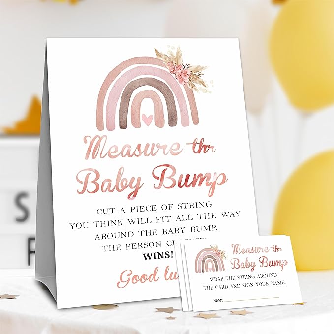 Boho Rainbow Baby Shower Measure The Baby Bump, Measure Mommy's Belly Game Set-1 Self-Standing Sign And 50 Tickets - Gender Reveal, Baby Shower, Baby Announcement Activity & Party Favor Supplies - A04