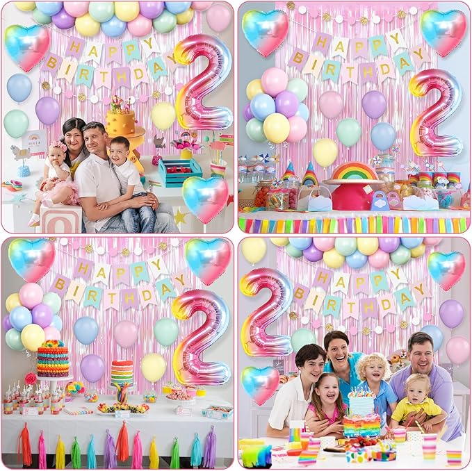 2nd Birthday Decorations Rainbow,Gradient Number 2nd Balloon,Pastel Happy Birthday Banner Fringe Curtain Heart Foil Balloons Boys Girls 2 Year Old Decor
