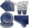 Serve 25 Guests Navy Blue Plates and Napkins Party Supplies,Blue and Silver Birthday Plates Napkins Cups Tablecloth Disposable