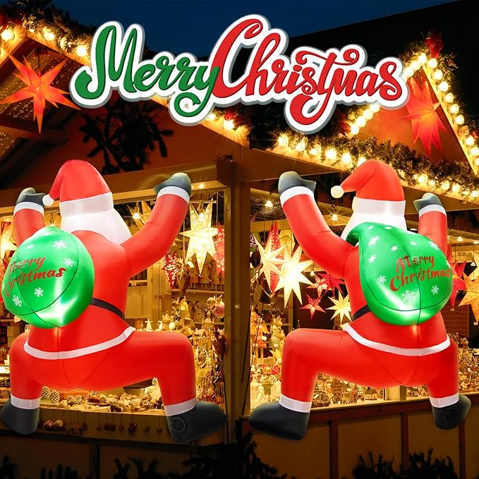 6FT Christmas Inflatable Decorations Hanging Santa Built-in Bright LEDs, Climbing Santa Claus with Gift Bag Christmas Roof Blow Up Yard Inflatables Decoration for Window Wall Outdoor Xmas New Year