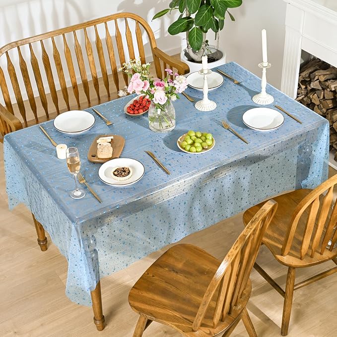 Horaldaily Light Blue Gold Sparkling Star Gauze Tablecloth 52x70 Inch Rectangular, Blue Star Sequin Glitter Metallic Foil, Sheer Tulle Cheesecloth for Wedding Baby Shower Party
