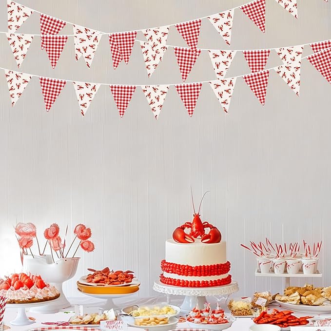 32Ft Crawfish Party Decorations Red Buffalo Plaid Crawfish Pennant Banner Fabric Triangle Flag Garland Streamers for Lobster Birthday Shrimp Seafood Boil Baby Shower Barbecue Party Decor Supplies