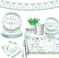 Greenery Baby Shower Tableware Set, Watercolor Blue Boy Plates, Napkins, Cups, Tablecloth for Boy Baby Shower Gender Reveal Supplies