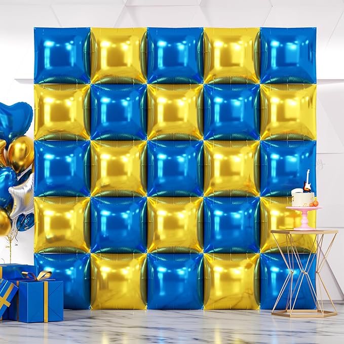 NISOCY 25PCS Blue Gold Square Foil Balloons Wall Backdrop Double Sided Deep Blue Gold Balloons Arch Kit for Birthday Graduation Baby Shower Wedding Anniversary Party Decorations